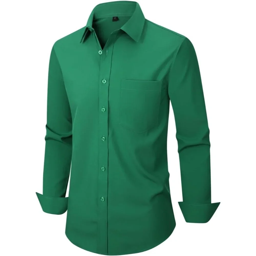 Men's Green Dress Long Sleeve Button Down Business Formal Stretch Shirts - Picture 2 of 6